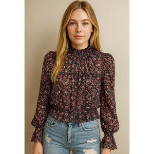 Zara Sheer Floral Smocked Ruffle Blouse With Puff Sleeves SZ Small Black & Pink